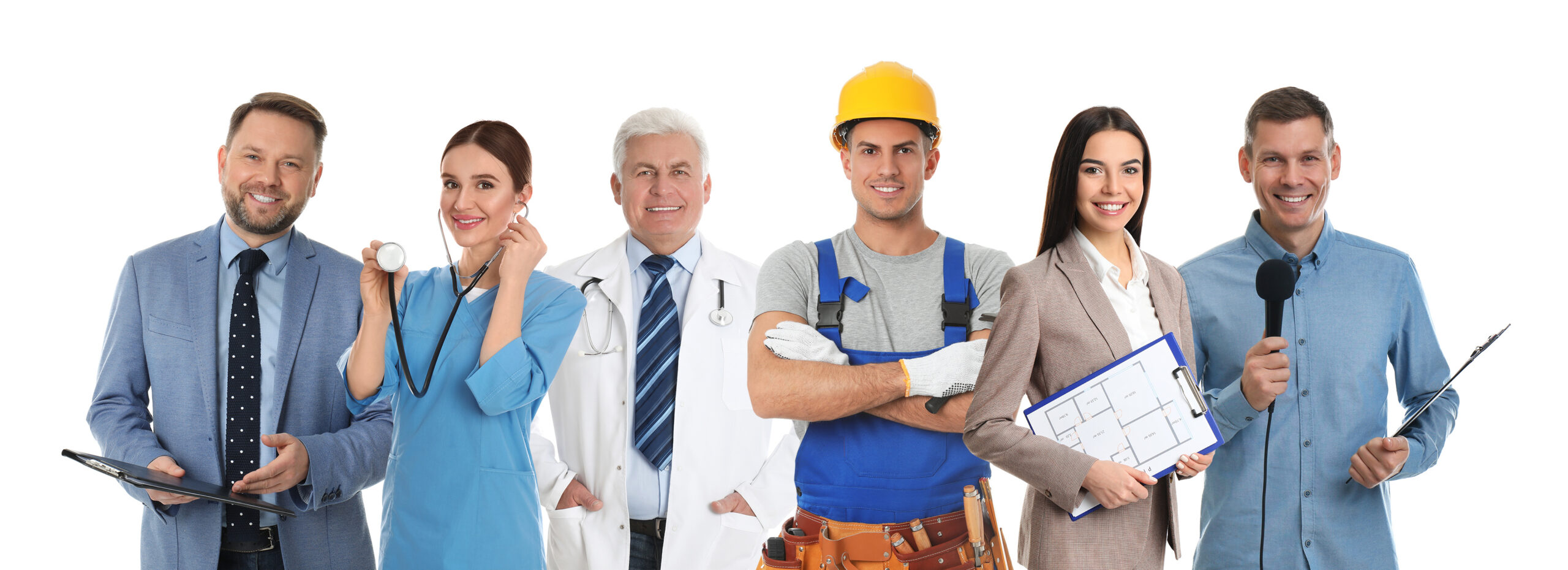 Different professionals standing in a row in their work attire. White background